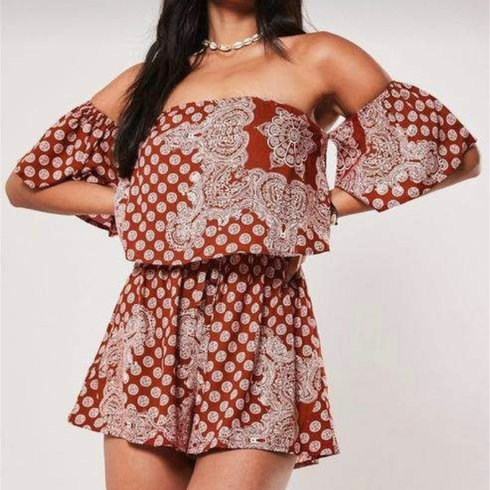 rust scarf print bardot frill romper
